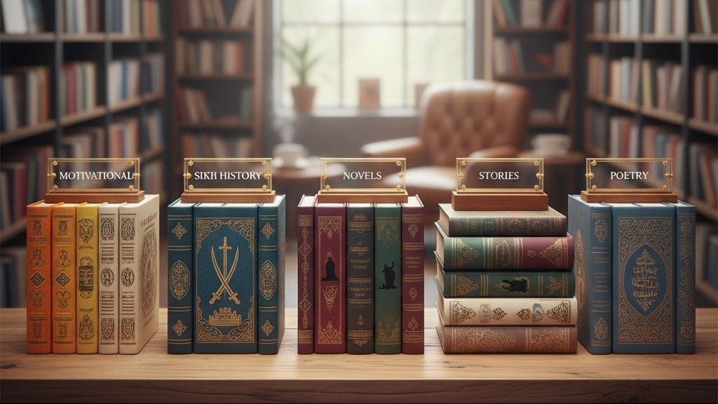 Stack of books with genres on a table in a library setting